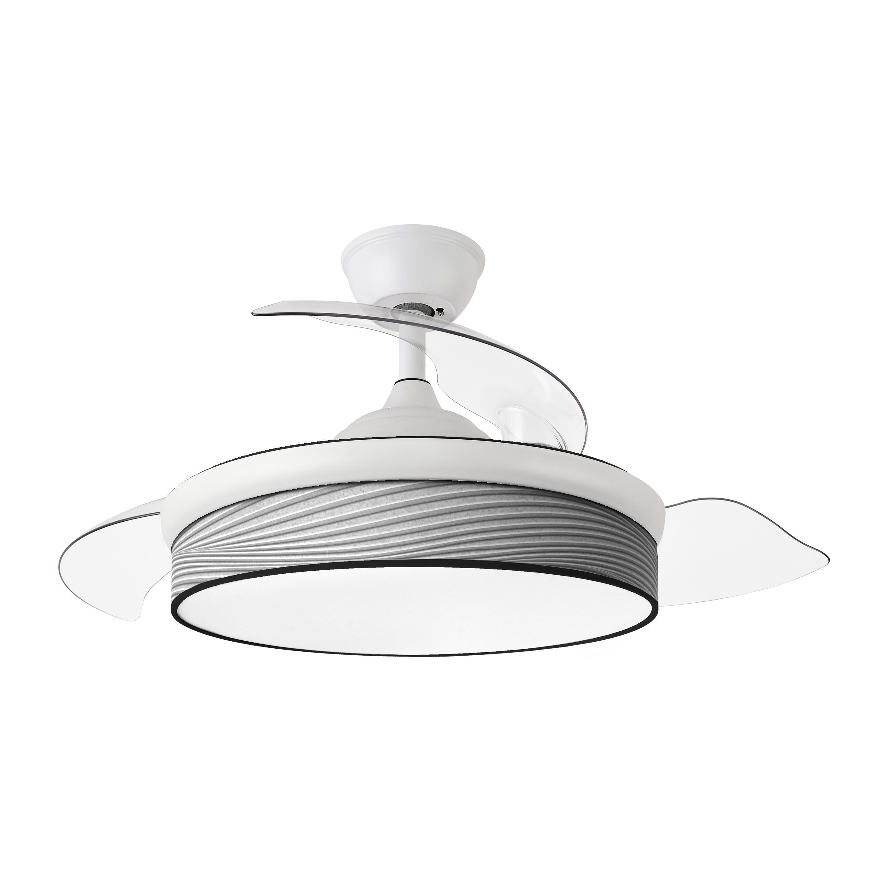 Ventilador DC Moda 72W Blanco/Gris de Abrila, modelo 212480401. Diseño elegante con aspas retráctiles y surco gris. Ideal para interiores domésticos. Funciona con motor DC eficiente y silencioso. Incluye LED integrado para iluminación adicional. Perfecto para ventilación en verano e invierno. Color blanco y gris, combinando estilo y funcionalidad.