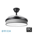 `alt=Ventilador de techo DC Moda 72W Negro/Gris de Abrila con aspas retráctiles, iluminación ajustable y LED integrado, ideal para interiores domésticos`