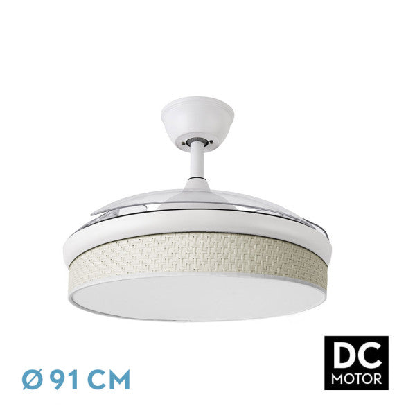 Ventilador de techo Abrila con aspas retráctiles y motor DC, modelo MODA en color blanco. Diseñado para uso interior doméstico, con LED integrado y eficiente ventilación para todo el año. Ideal para mantener una temperatura agradable en verano e invierno. Cañizo blanco y aspas retráctiles para un diseño moderno y funcional.