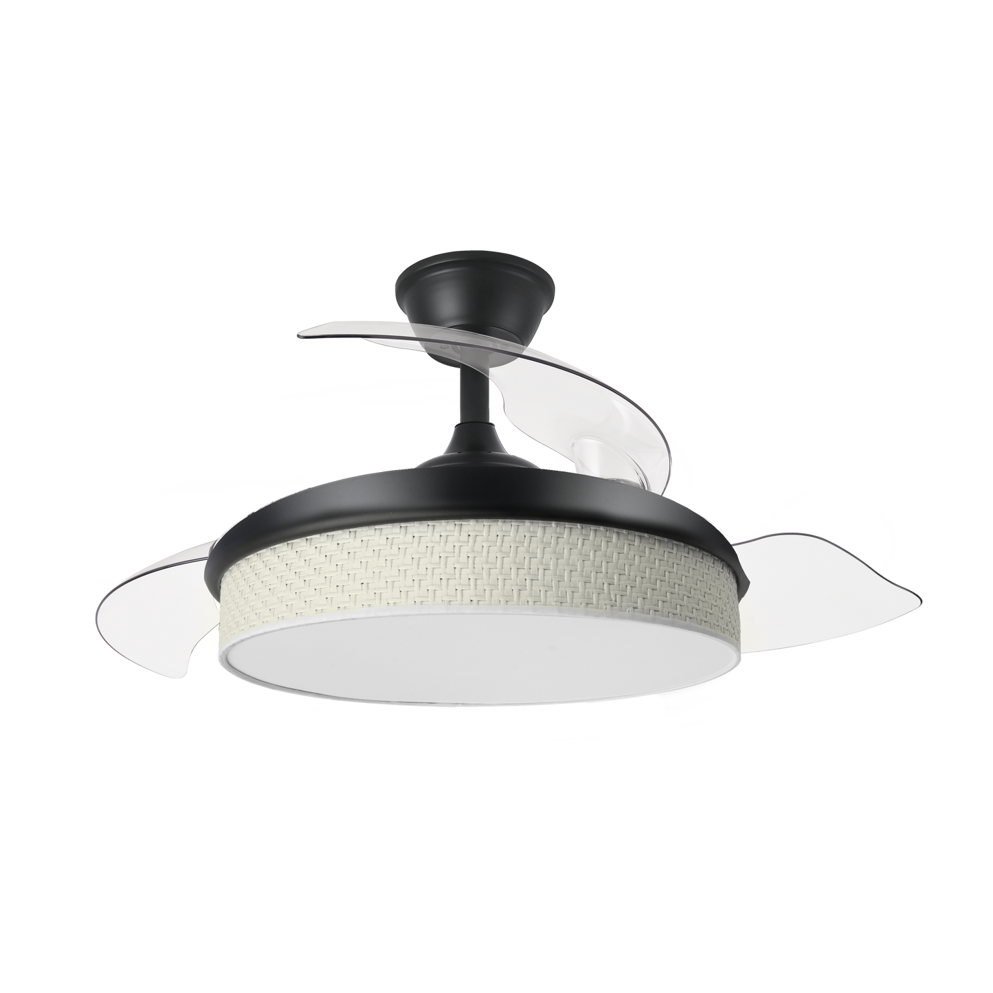 Ventilador de techo DC Moda Negro 72W de Abrila con aspas retráctiles y LED integrado, ideal para interiores domésticos. Diseño elegante en negro y cañizo blanco, con iluminación ajustable para un ambiente acogedor.
