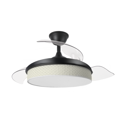 Ventilador de techo DC Moda Negro 72W de Abrila con aspas retráctiles y LED integrado, ideal para interiores domésticos. Diseño elegante en negro y cañizo blanco, con iluminación ajustable para un ambiente acogedor.