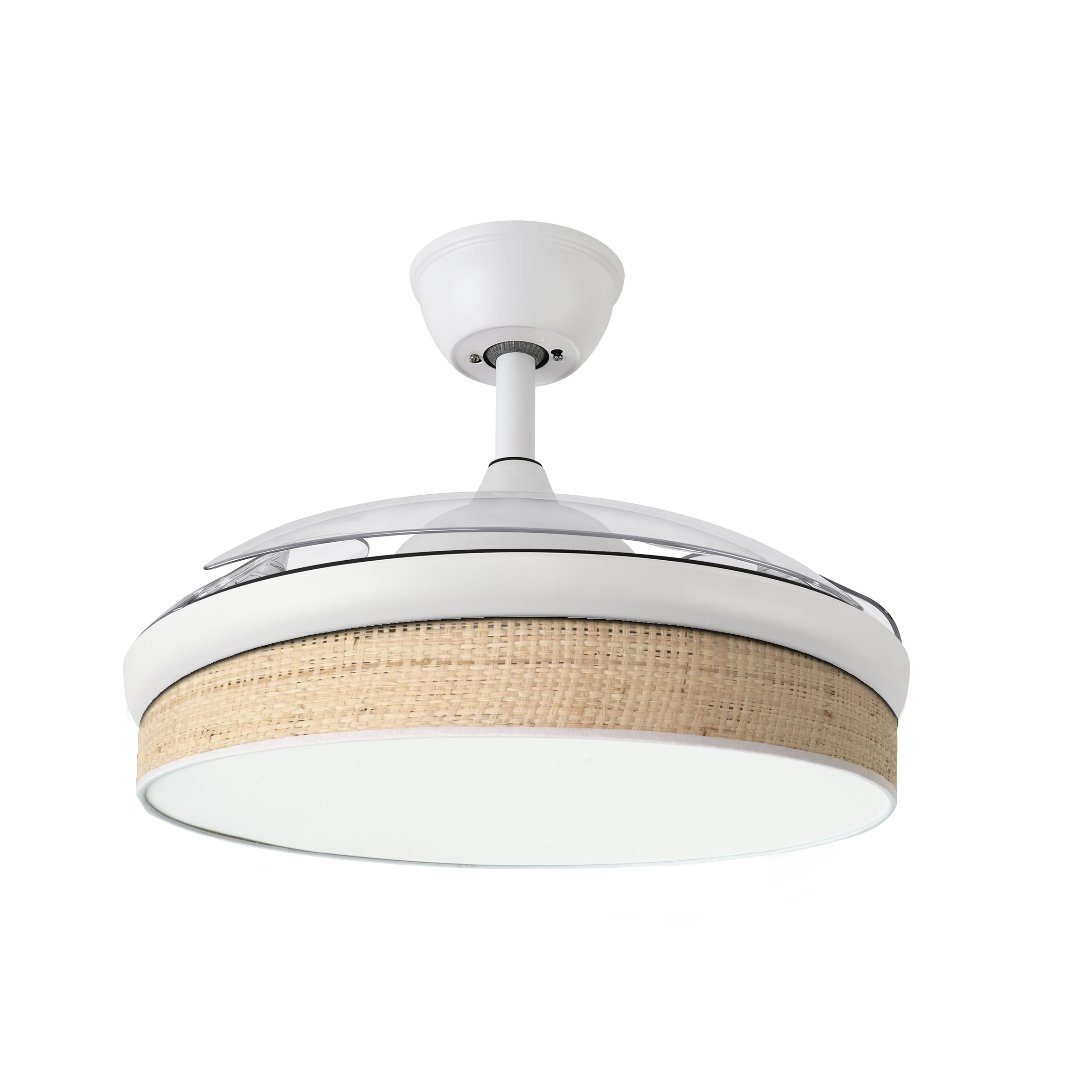 `alt=Ventilador de techo DC Moda 72W Blanco/Cañizo Claro con aspas retráctiles y LED, controlable por mando remoto, ideal para hogar interior, silencioso y eficiente para verano e invierno - Abrila 212480601`