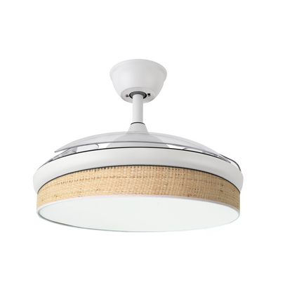 `alt=Ventilador de techo DC Moda 72W Blanco/Cañizo Claro con aspas retráctiles y LED, controlable por mando remoto, ideal para hogar interior, silencioso y eficiente para verano e invierno - Abrila 212480601`