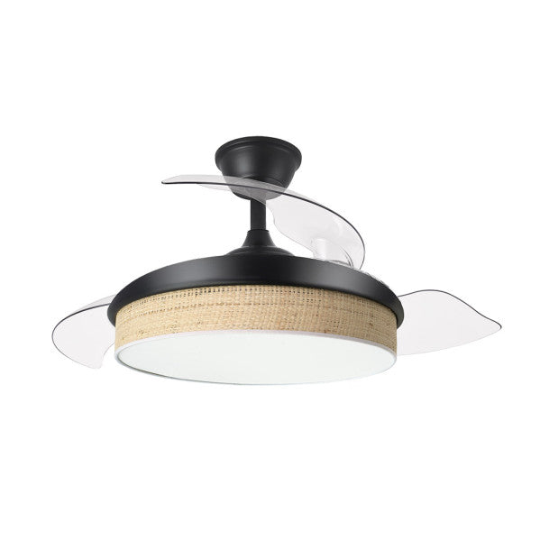 Ventilador de techo DC Moda 72W en color negro con cañizo claro, modelo Abrila 212480609. Diseño doméstico con aspas retráctiles y mando a distancia. Incluye iluminación LED ajustable para uso en interiores.