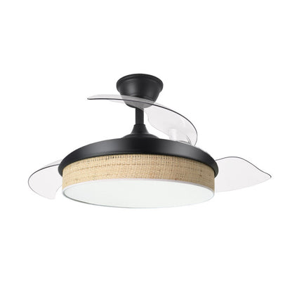 Ventilador de techo DC Moda 72W en color negro con cañizo claro, modelo Abrila 212480609. Diseño doméstico con aspas retráctiles y mando a distancia. Incluye iluminación LED ajustable para uso en interiores.