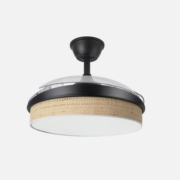 Ventilador de techo DC Moda 72W en color negro con cañizo claro, modelo Abrila 212480609. Diseñado para uso doméstico, cuenta con aspas retráctiles y un motor DC eficiente. Incluye iluminación LED ajustable y mando a distancia para un control fácil. Ideal para interiores, combina funcionalidad y estilo moderno.