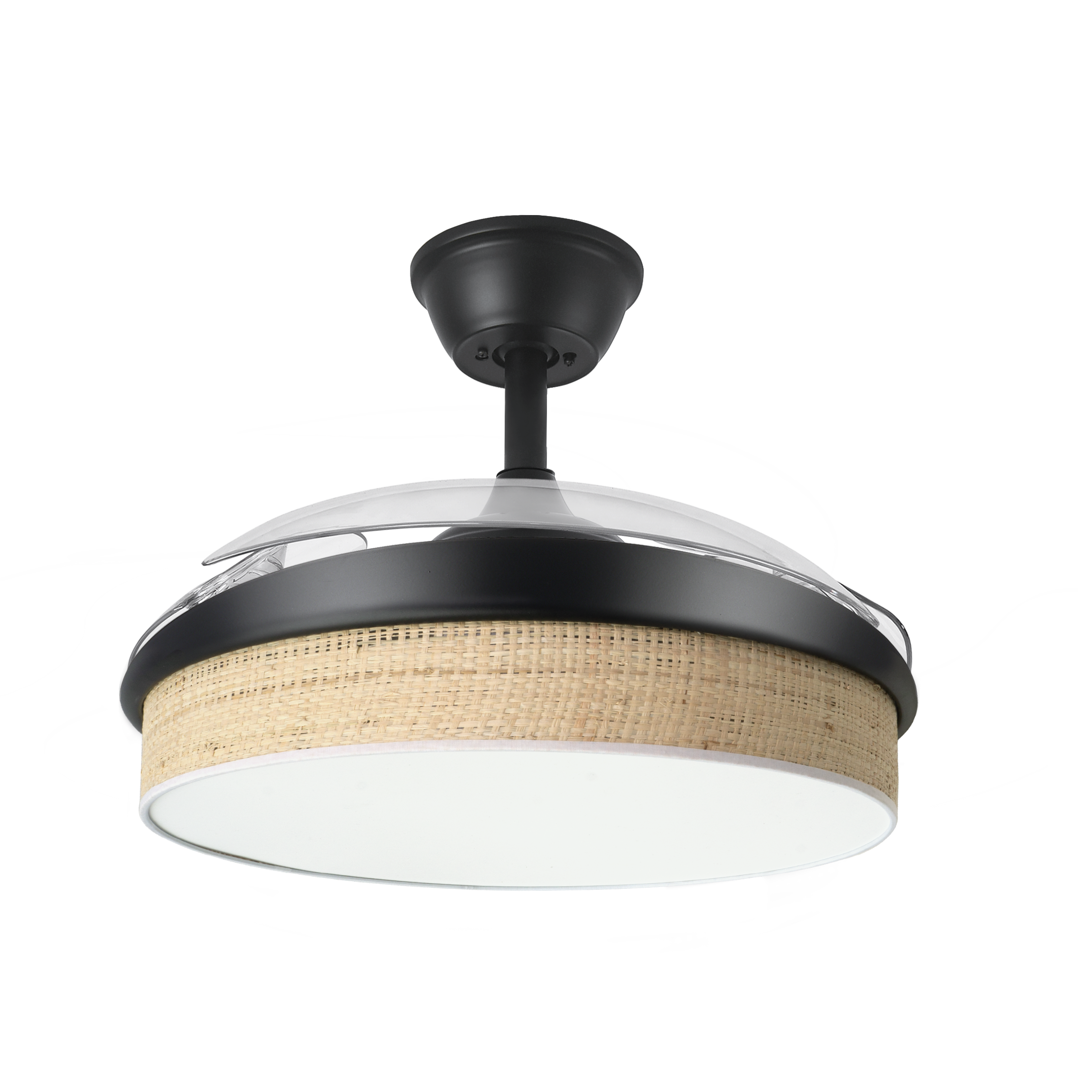 `alt=Ventilador de techo DC Moda 72W Negro/Cañizo de Abrila con aspas retráctiles y LED, controlado por mando remoto, ideal para interiores domésticos`