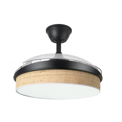 `alt=Ventilador de techo DC Moda 72W Negro/Cañizo de Abrila con aspas retráctiles y LED, controlado por mando remoto, ideal para interiores domésticos`