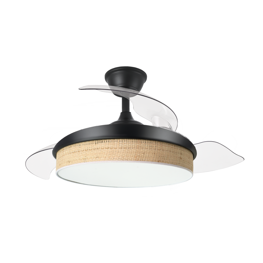 `alt=Ventilador de techo DC Moda 72W Negro/Cañizo con aspas retráctiles y LED, controlado por mando remoto, ideal para interiores domésticos, Abrila 212480609`