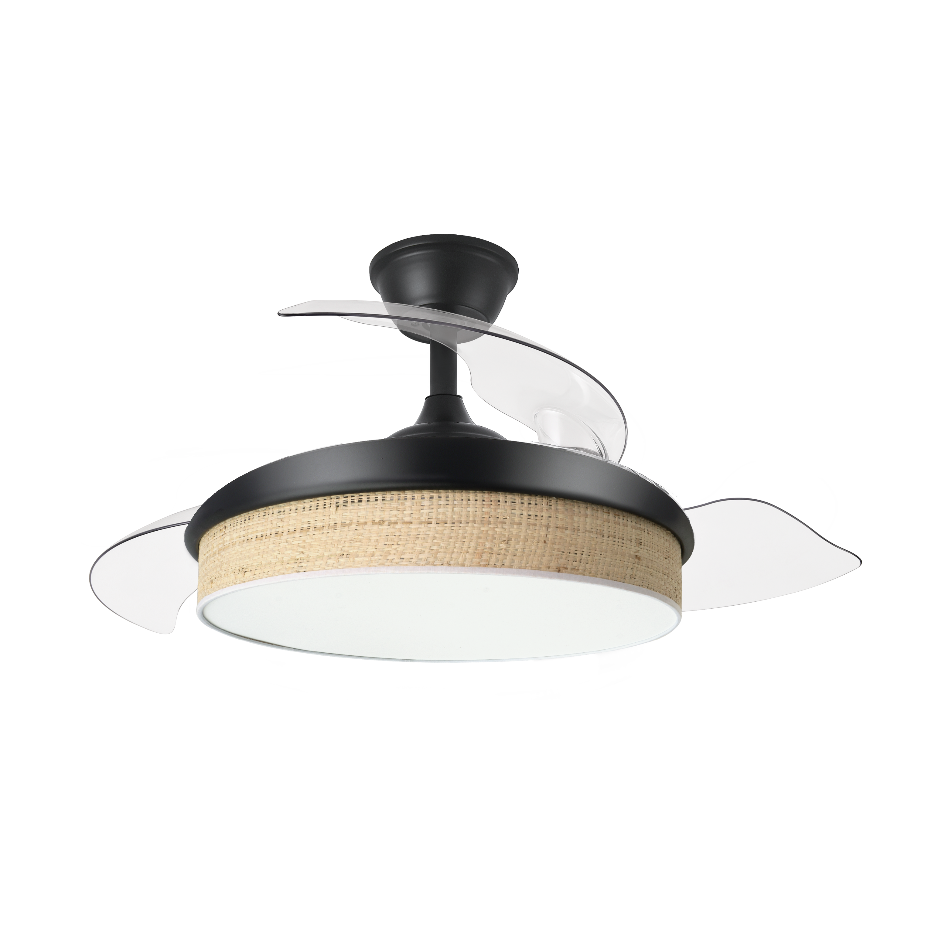 `alt=Ventilador de techo DC Moda 72W Negro/Cañizo con aspas retráctiles y LED, controlado por mando remoto, ideal para interiores domésticos, Abrila 212480609`