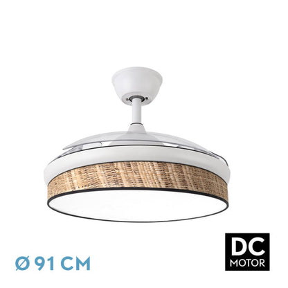`alt=Ventilador DC Moda 72W Blanco Cañizo de Abrila con LED integrado y mando a distancia - Modelo 212480701`
