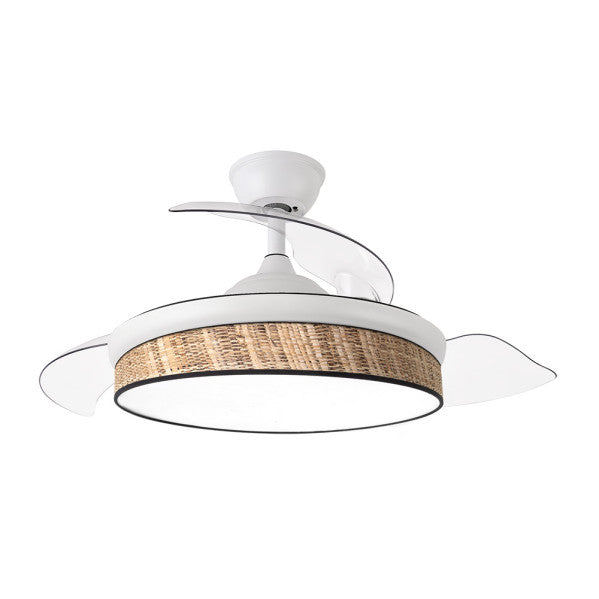 Alt Image:
Ventilador DC Moda 72W Blanco/Cañizo de Abrila, modelo 212480701 con aspas retráctiles, diseño interior doméstico, iluminación LED ajustable, mando a distancia y motor DC eficiente.