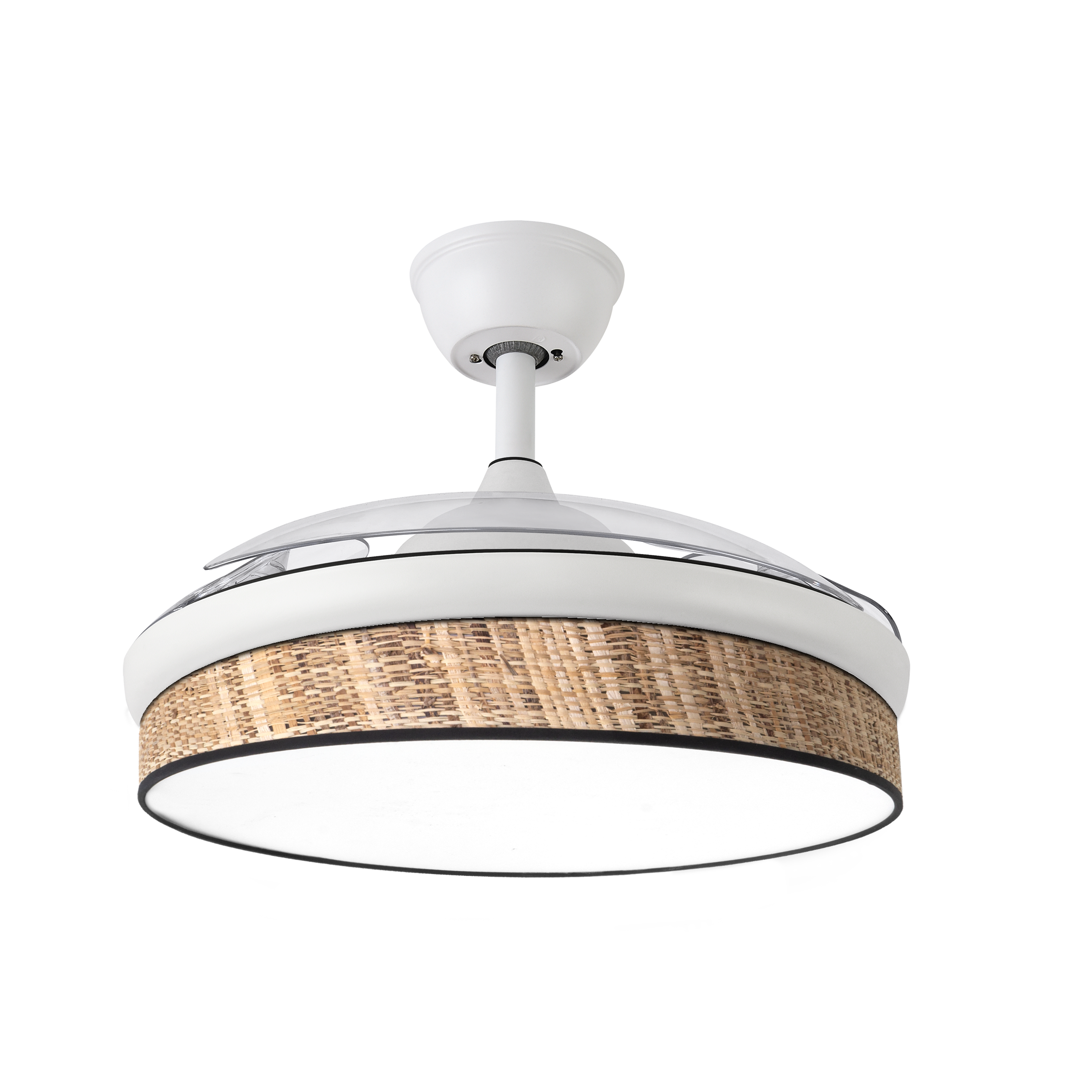 Ventilador DC Moda 72W Blanco/Cañizo de Abrila, modelo 212480701. Ventilador de techo doméstico con aspas retráctiles y diseño en blanco y cañizo oscuro. Incluye iluminación LED ajustable y mando a distancia para un control cómodo. Motor DC eficiente para un funcionamiento silencioso y duradero. Ideal para interiores, combina estilo y funcionalidad.