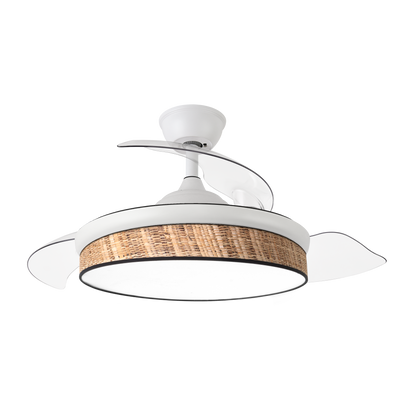 Ventilador DC Moda 72W Blanco/Cañizo de Abrila, modelo 212480701. Ventilador de techo doméstico con aspas retráctiles y diseño en blanco y cañizo oscuro. Incluye iluminación ajustable con LED integrado y mando a distancia para un control cómodo. Motor DC eficiente para un rendimiento silencioso y duradero. Ideal para interiores, combinando funcionalidad y estilo moderno.