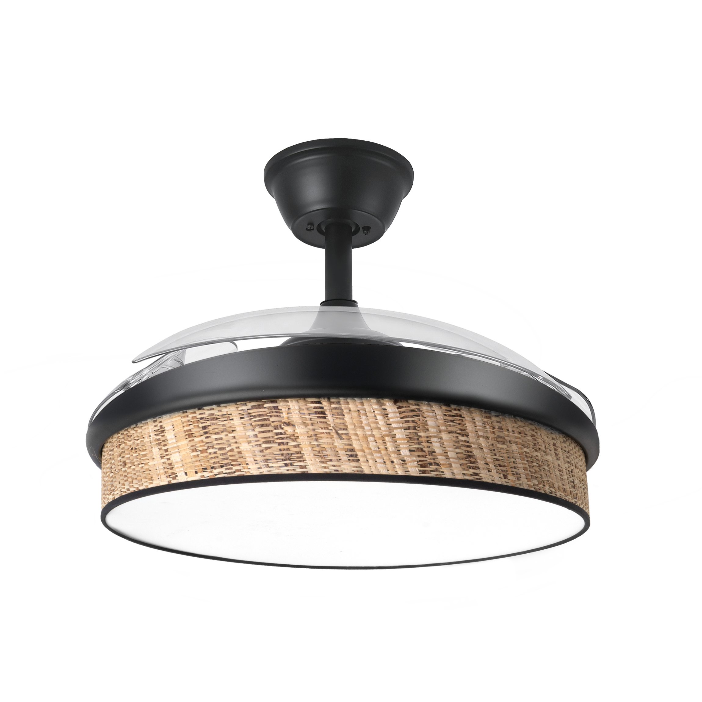 `alt=Ventilador de techo DC Moda 72W Negro 91cm con aspas retráctiles y LED integrado de Abrila, ideal para interiores domésticos y ventilación todo el año`