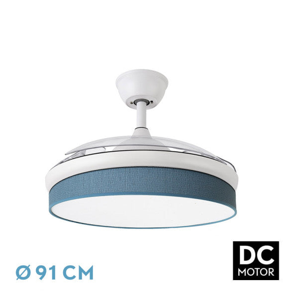 Alt Image: Ventilador de techo DC Moda 72W blanco y azul Abrila con aspas retráctiles y LED integrado para ventilación en interiores domésticos, ideal para verano e invierno.