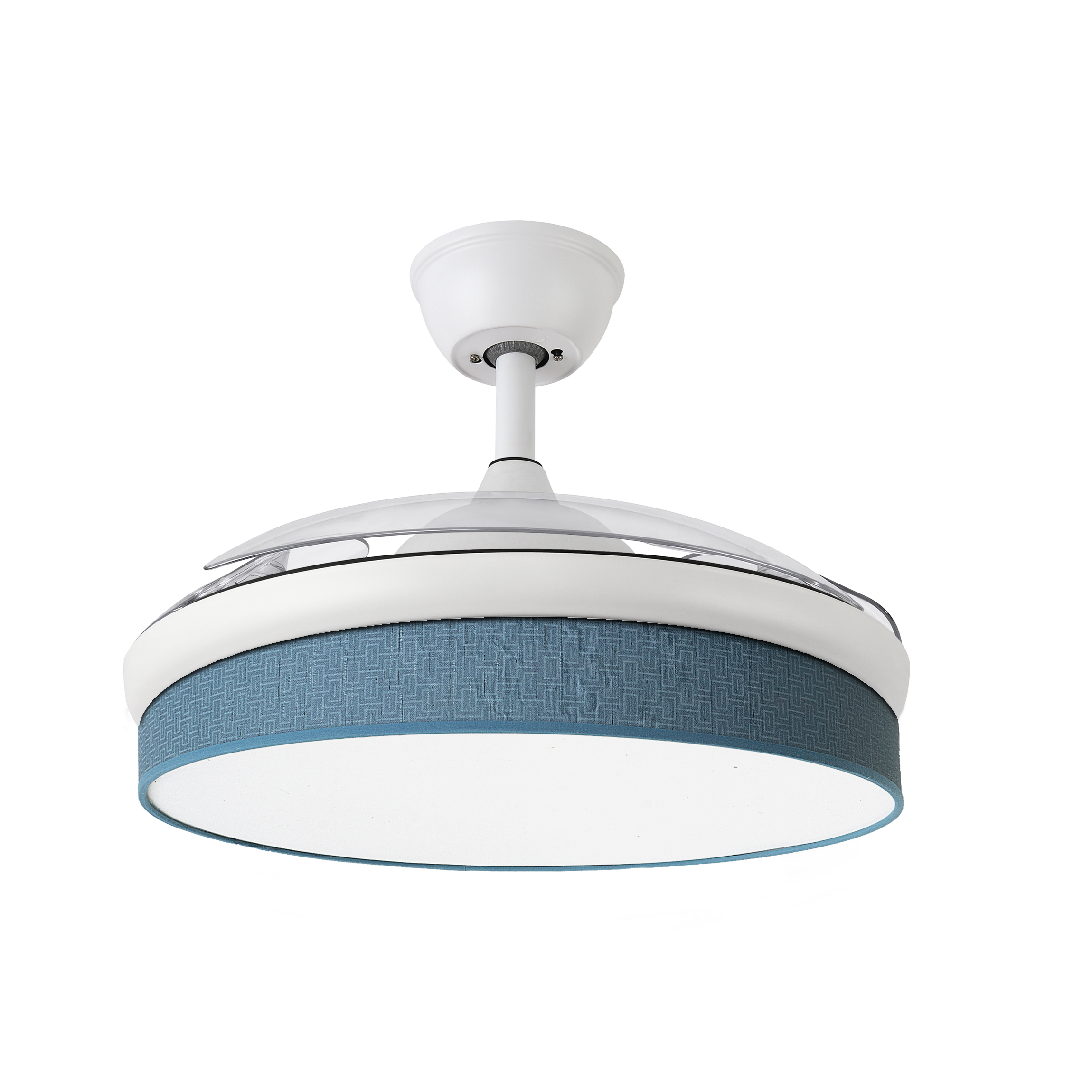 Ventilador techo DC Moda 72W en colores blanco y azul de la marca Abrila, modelo 212480801. Diseñado para uso interior doméstico, este ventilador cuenta con aspas retráctiles y un motor DC eficiente. Incluye iluminación ajustable con LED integrado, ideal para proporcionar ventilación tanto en verano como en invierno.