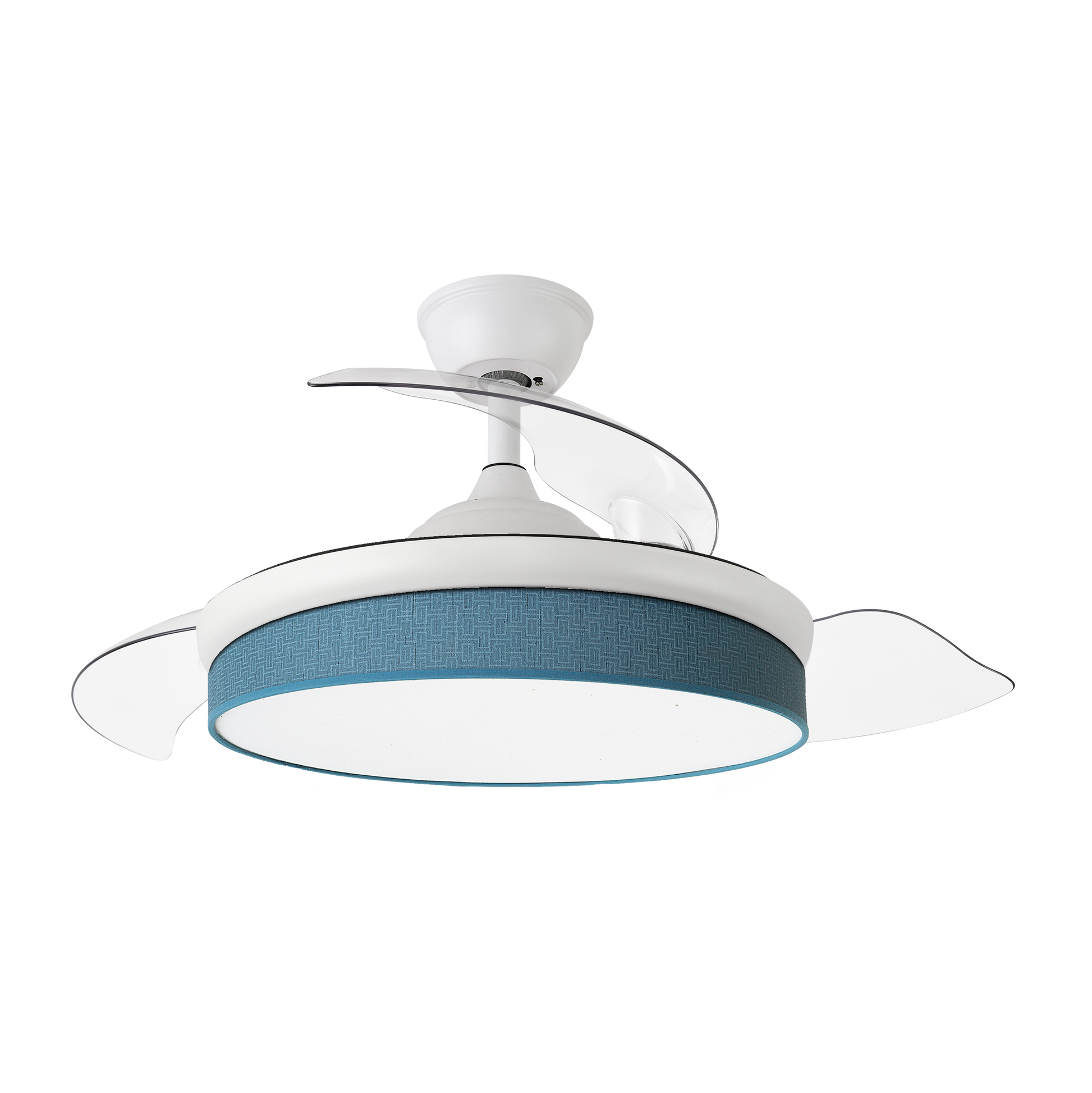 `alt=Ventilador de techo DC Moda 72W de Abrila en blanco y azul, con aspas retráctiles, iluminación LED ajustable y motor DC, ideal para interiores domésticos en verano e invierno`