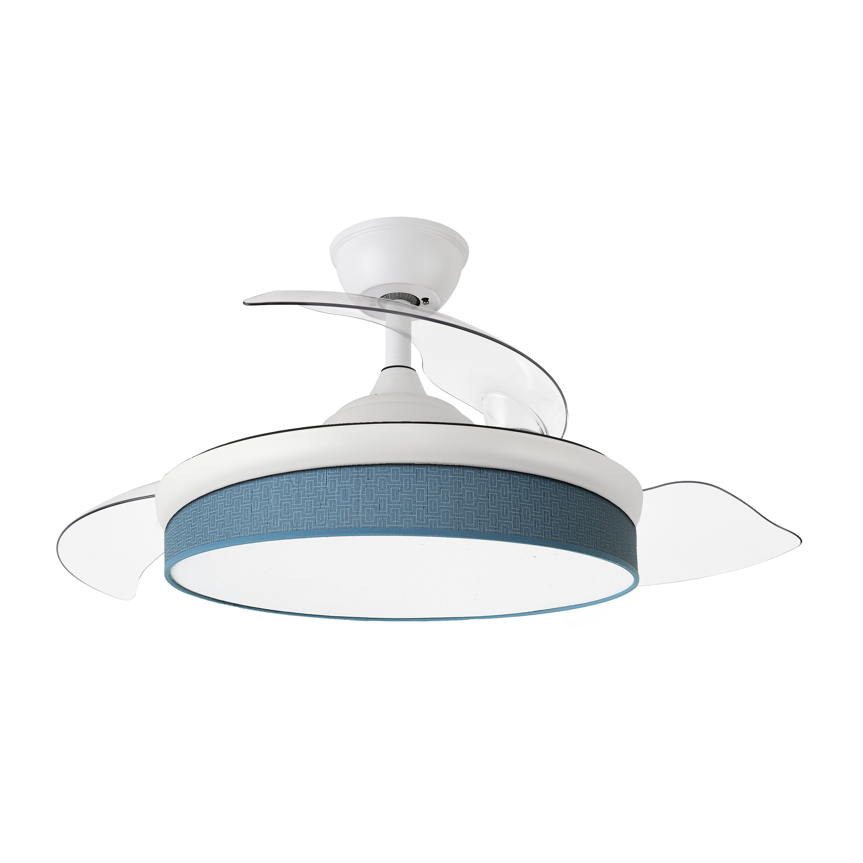 `alt=Ventilador de techo DC Moda 72W de Abrila en blanco y azul, con aspas retráctiles, iluminación LED ajustable y motor DC, ideal para interiores domésticos en verano e invierno`