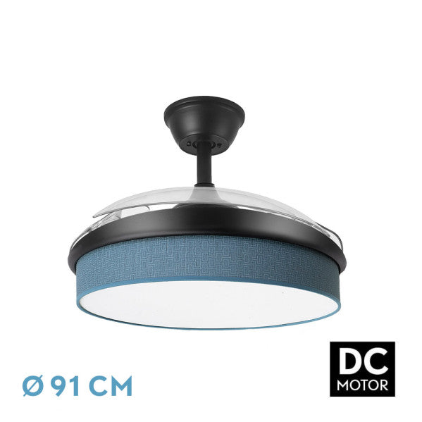 Ventilador de techo DC Moda 72W en color negro/azul de 91cm con aspas retráctiles, diseño moderno y LED integrado. Incluye mando remoto para un control fácil y ahorro de energía. Ideal para la ventilación interior. Marca Abrila, modelo 212480809.
