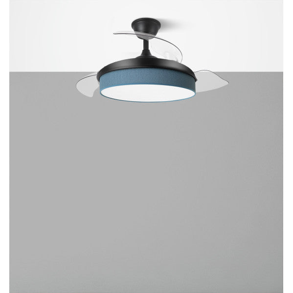 `alt=Ventilador de techo DC Moda 72W Negro/Azul 91cm de Abrila con LED integrado y mando remoto, diseño moderno y aspas retráctiles para ahorro de energía`