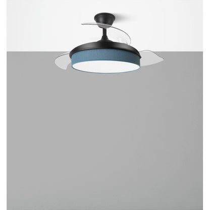`alt=Ventilador de techo DC Moda 72W Negro/Azul 91cm de Abrila con LED integrado y mando remoto, diseño moderno y aspas retráctiles para ahorro de energía`