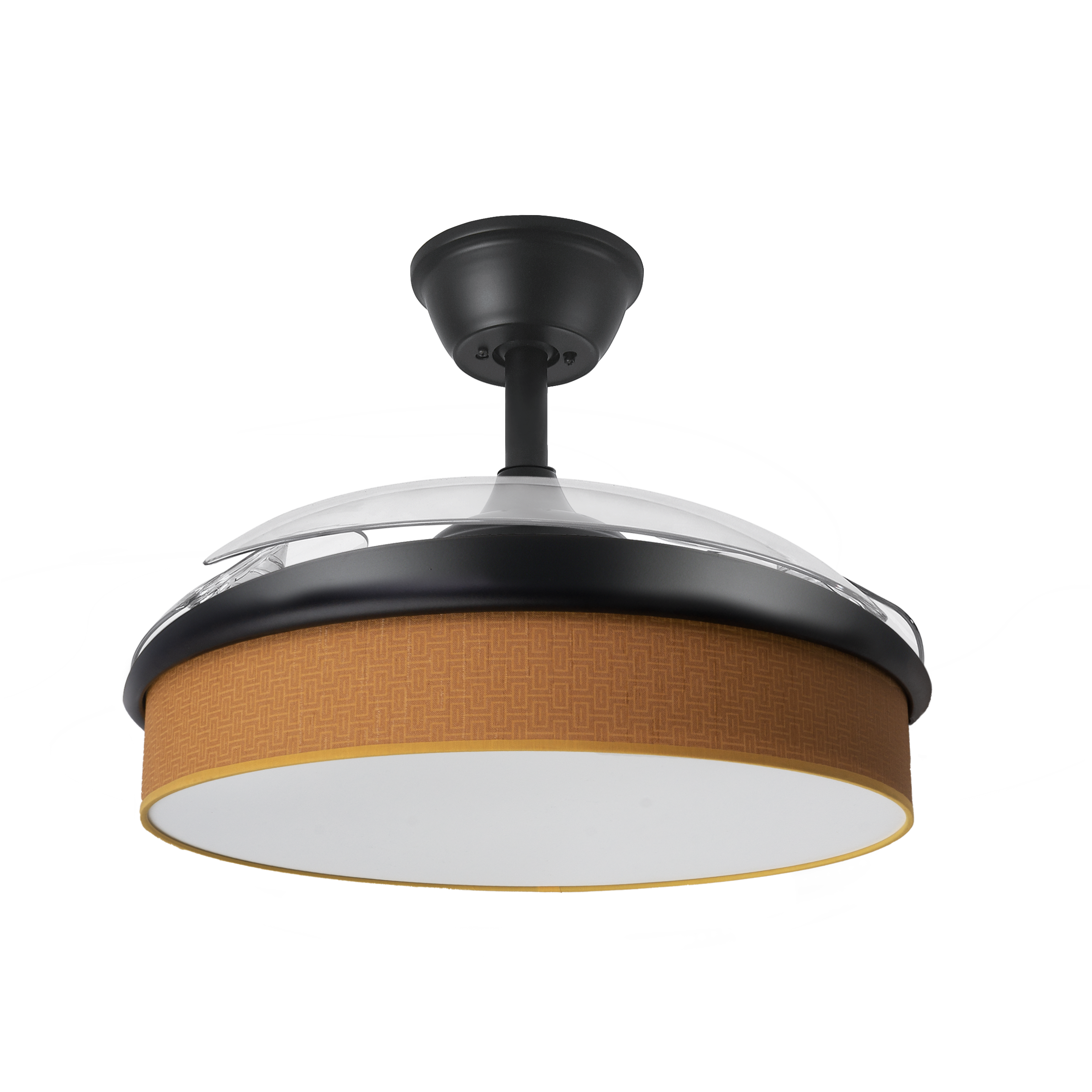 Ventilador de techo con aspas retráctiles DC Moda en negro/naranja de Abrila, modelo 212480909. Diseño moderno con iluminación LED integrada y control remoto para uso en interiores domésticos.