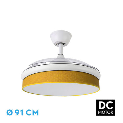 Alt Image: Ventilador de techo DC Moda blanco y amarillo de Abrila, modelo 212481001, con motor DC, aspas retráctiles, iluminación LED, mando a distancia, ideal para interiores domésticos.