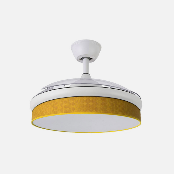 Alt Image: Ventilador de techo DC Moda en Blanco y Amarillo de Abrila, modelo 212481001, con motor DC, aspas retráctiles, iluminación LED, mando a distancia y diseño doméstico para interiores.