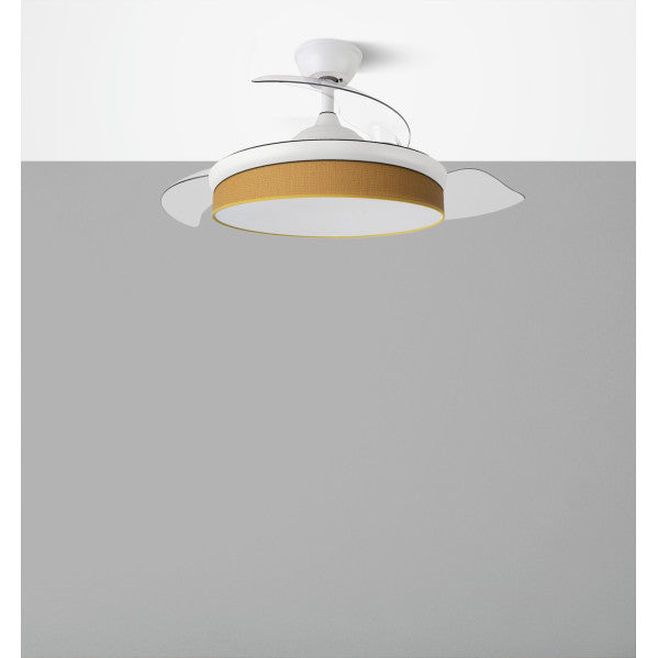 Ventilador de techo DC Moda en Blanco/Amarillo de 72W con aspas retráctiles y luces LED, controlado por mando remoto, ideal para interiores domésticos.