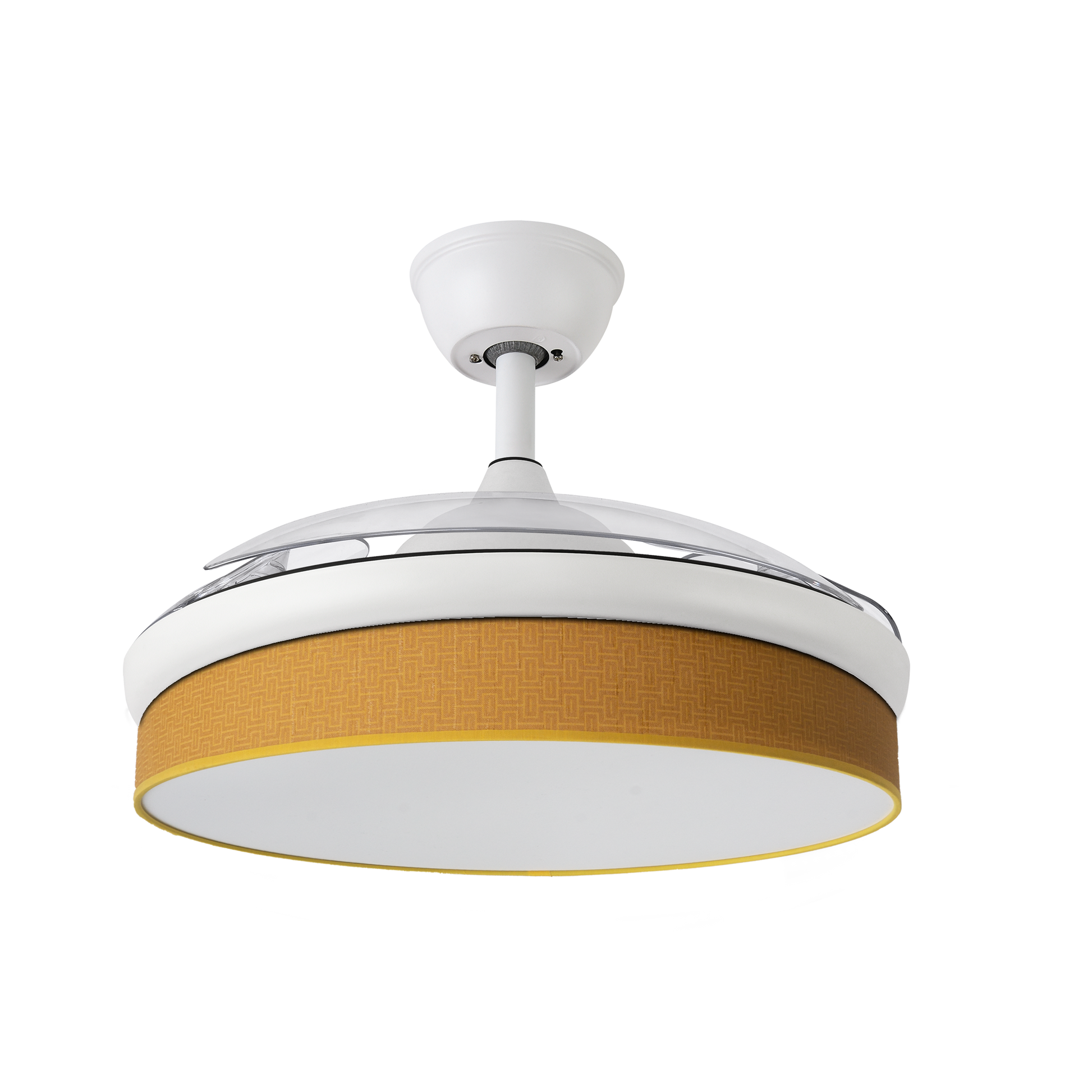 `alt=Ventilador de techo DC Moda Blanco/Amarillo 72W Abrila con aspas retráctiles, luces LED y mando remoto para interiores domésticos`