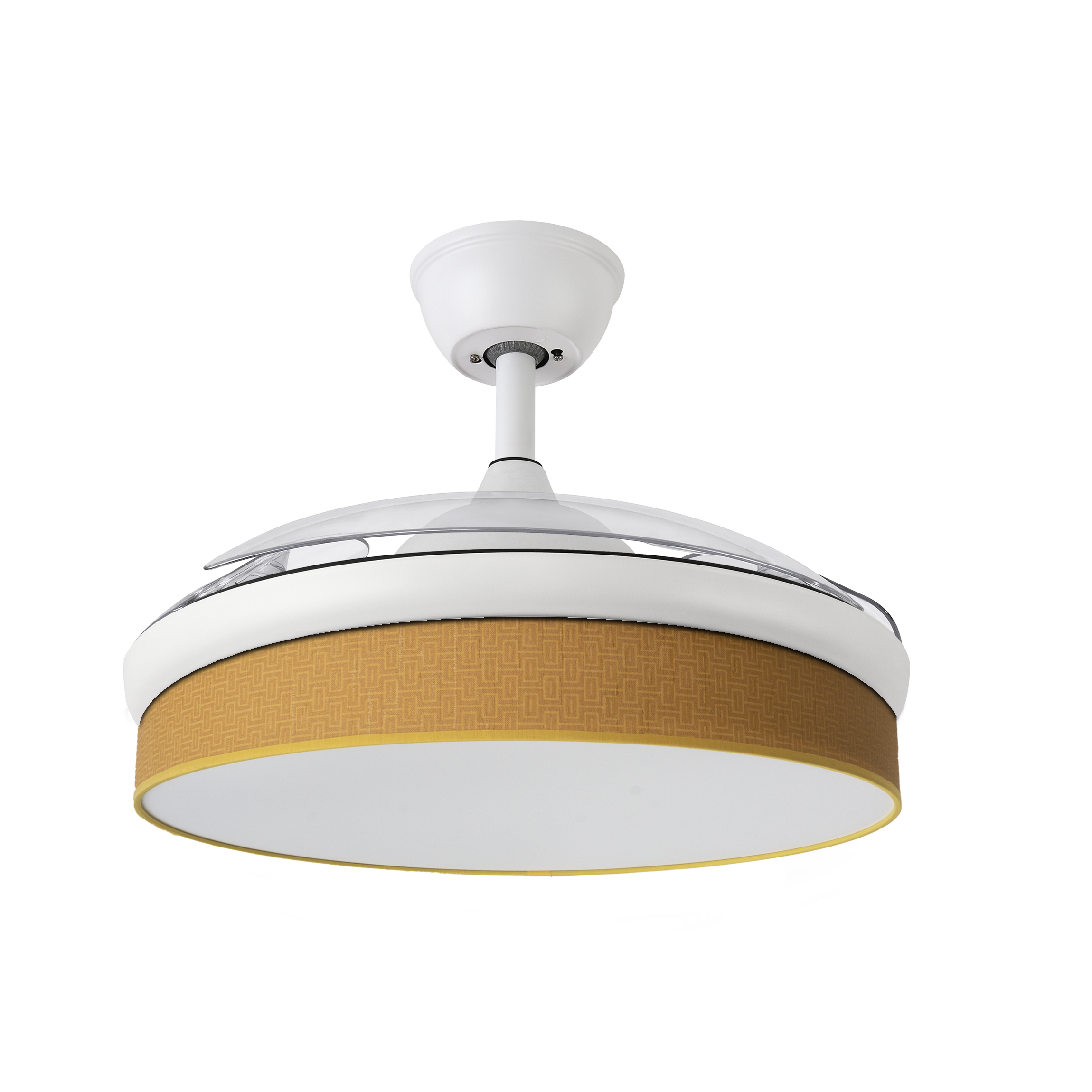 `alt=Ventilador de techo DC Moda Blanco/Amarillo 72W Abrila con aspas retráctiles, luces LED y mando remoto para interiores domésticos`