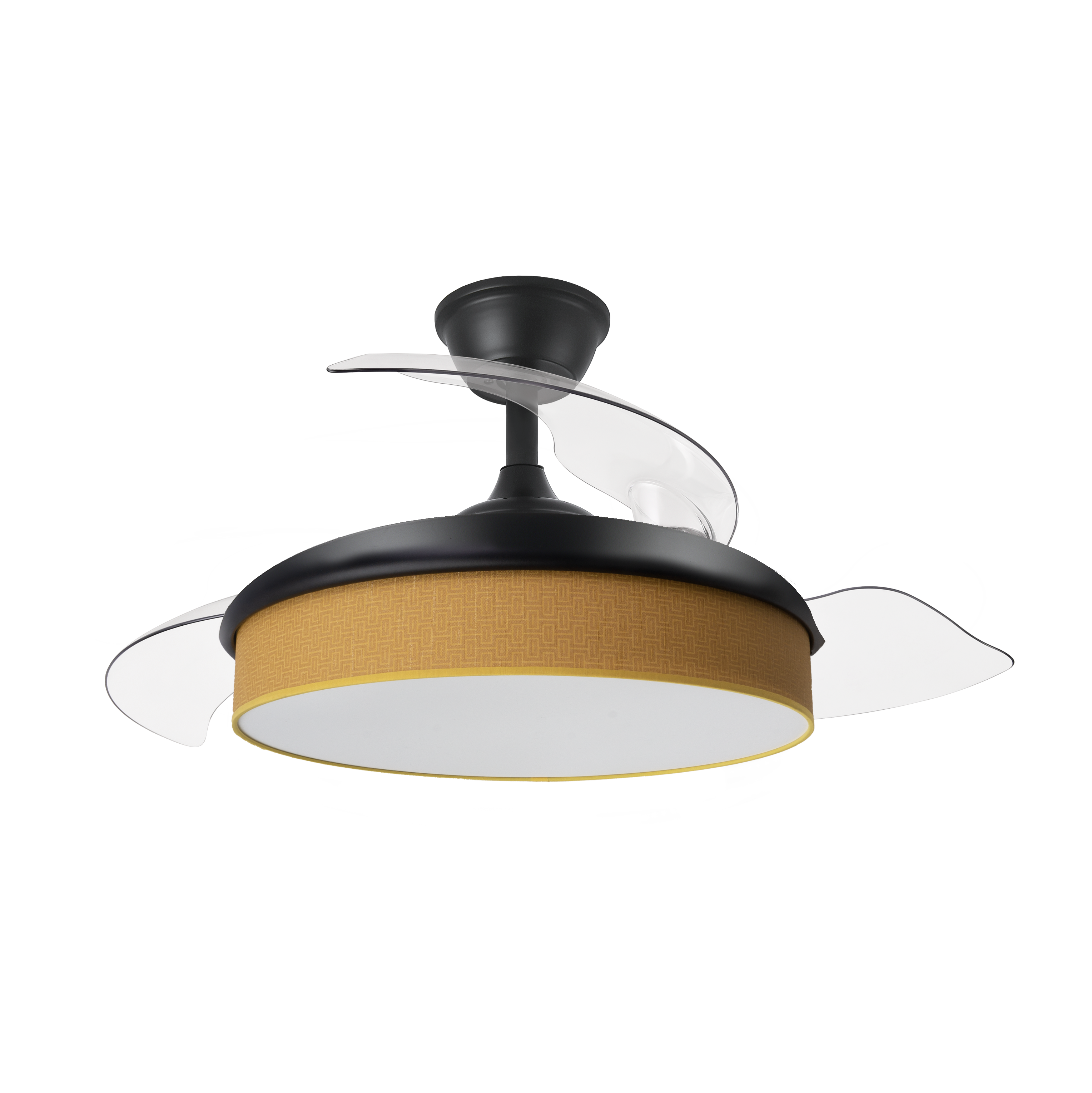 Ventilador de techo DC Moda 72W en color negro y amarillo de la marca Abrila, modelo 212481009. Este ventilador cuenta con aspas retráctiles y una iluminación LED de 7200 lúmenes, ideal para uso interior doméstico. Incluye un motor DC eficiente y un LED integrado, proporcionando ventilación adecuada tanto en verano como en invierno.