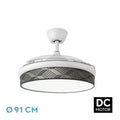 `alt=Ventilador de techo DC Moda 72W de Abrila en blanco y gris con aspas retráctiles, iluminación LED ajustable, ideal para interiores domésticos`