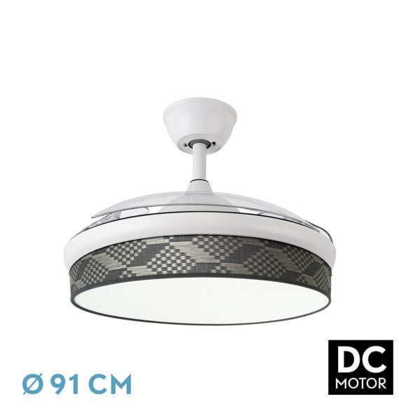 `alt=Ventilador de techo DC Moda 72W de Abrila en blanco y gris con aspas retráctiles, iluminación LED ajustable, ideal para interiores domésticos`