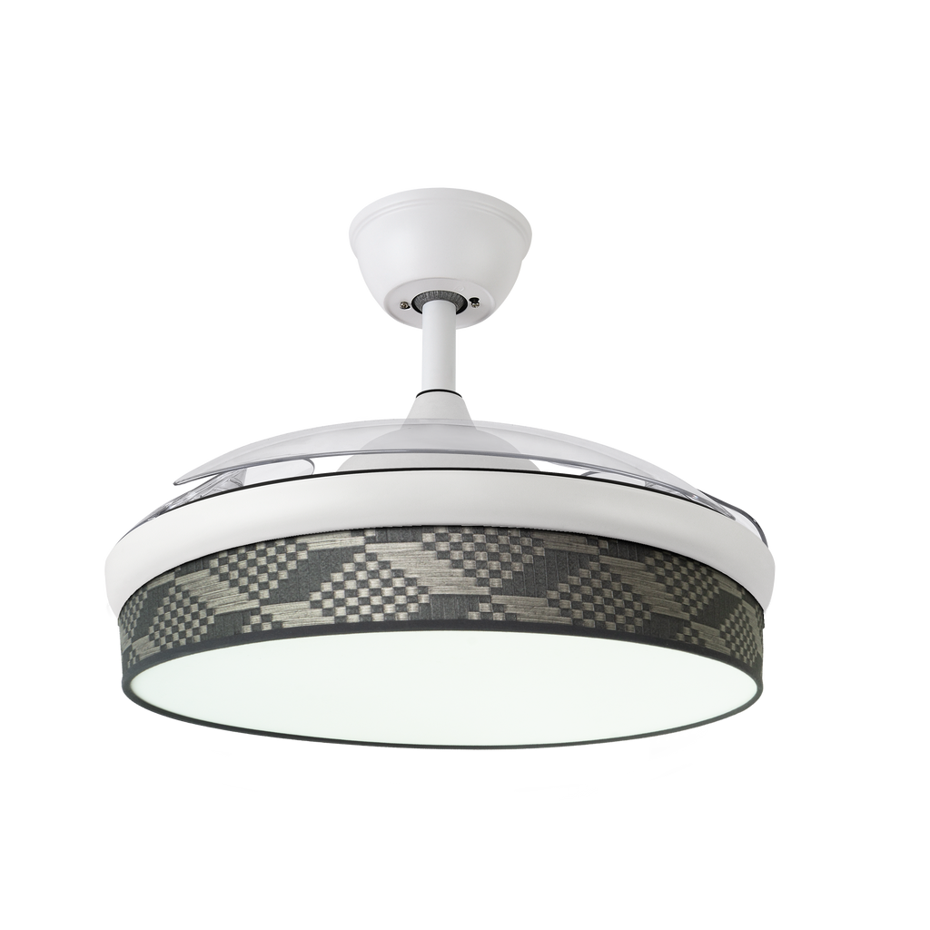 `alt=Ventilador de techo DC Moda 72W de Abrila en blanco y gris con aspas retráctiles, iluminación LED ajustable y motor DC para uso interior doméstico`