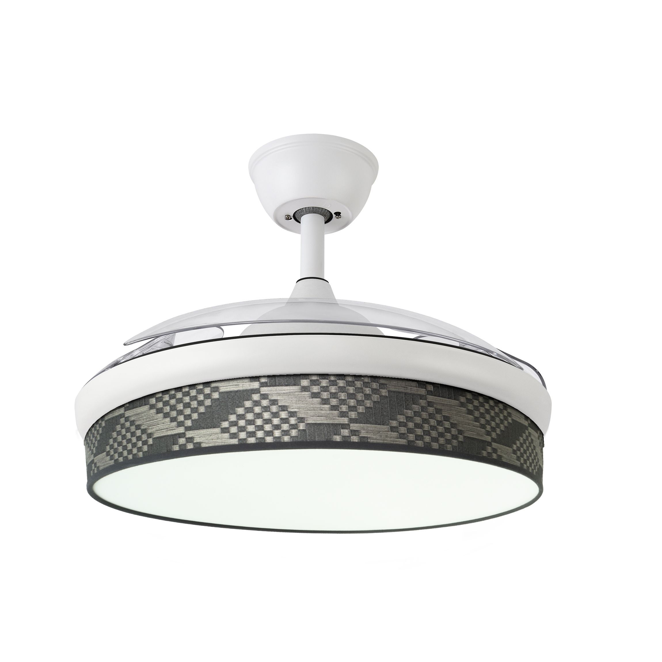 `alt=Ventilador de techo DC Moda 72W de Abrila en blanco y gris con aspas retráctiles, iluminación LED ajustable y motor DC para uso interior doméstico`