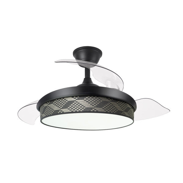 Ventilador de techo DC Moda 72W en colores negro y gris de la marca Abrila, modelo 212481109. Diseñado para uso doméstico e interior, este ventilador cuenta con un motor DC eficiente y aspas retráctiles para un rendimiento óptimo. Incluye iluminación LED con luz ajustable y mando a distancia para un control cómodo. Ideal para espacios modernos y funcionales.