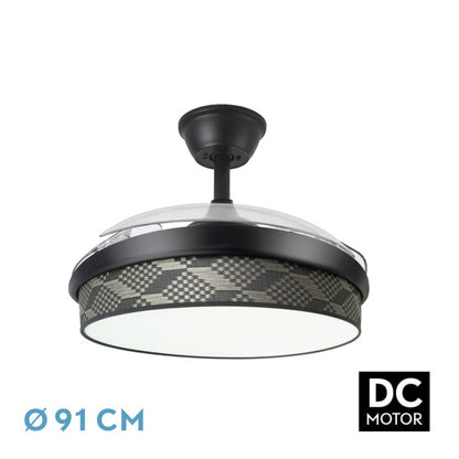 `alt=Ventilador de techo DC Moda 72W Negro/Gris de Abrila con aspas retráctiles, motor DC, control remoto y luz LED ajustable`