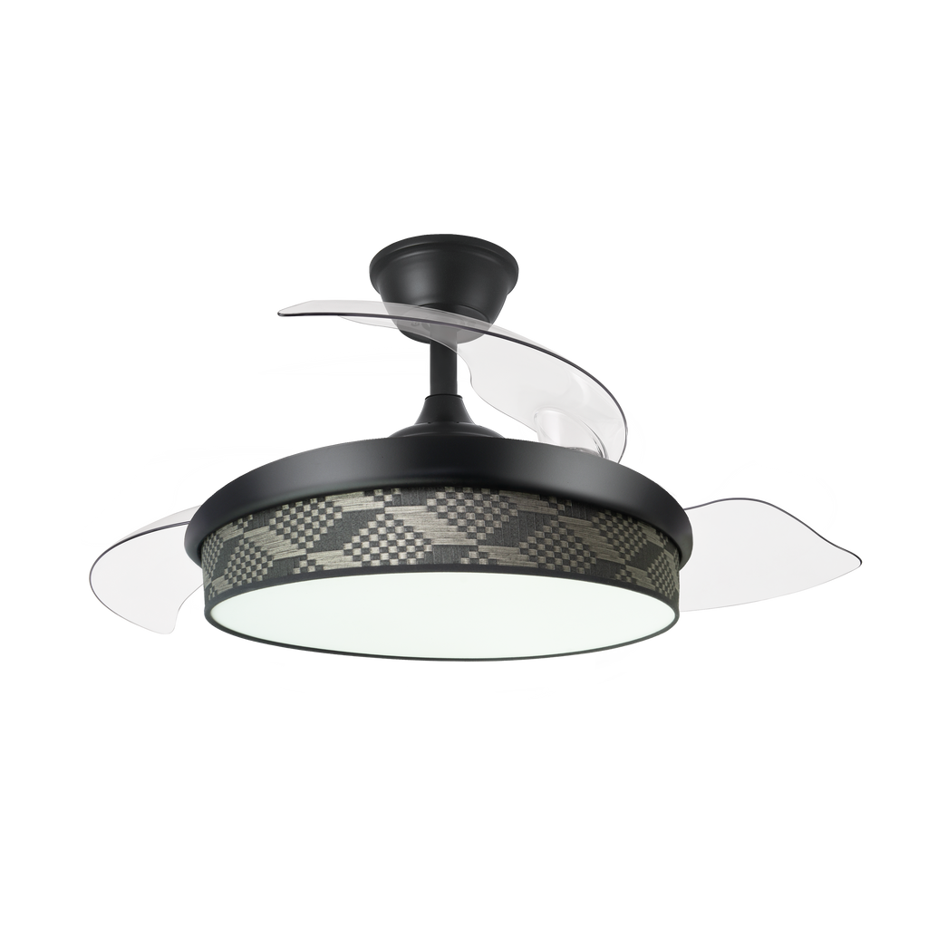 Ventilador de techo DC Moda 72W en colores negro y gris de la marca Abrila, modelo 212481109. Diseñado para uso doméstico e interior, cuenta con aspas retráctiles y un motor DC eficiente. Incluye iluminación LED con luz ajustable y mando a distancia para un control cómodo.