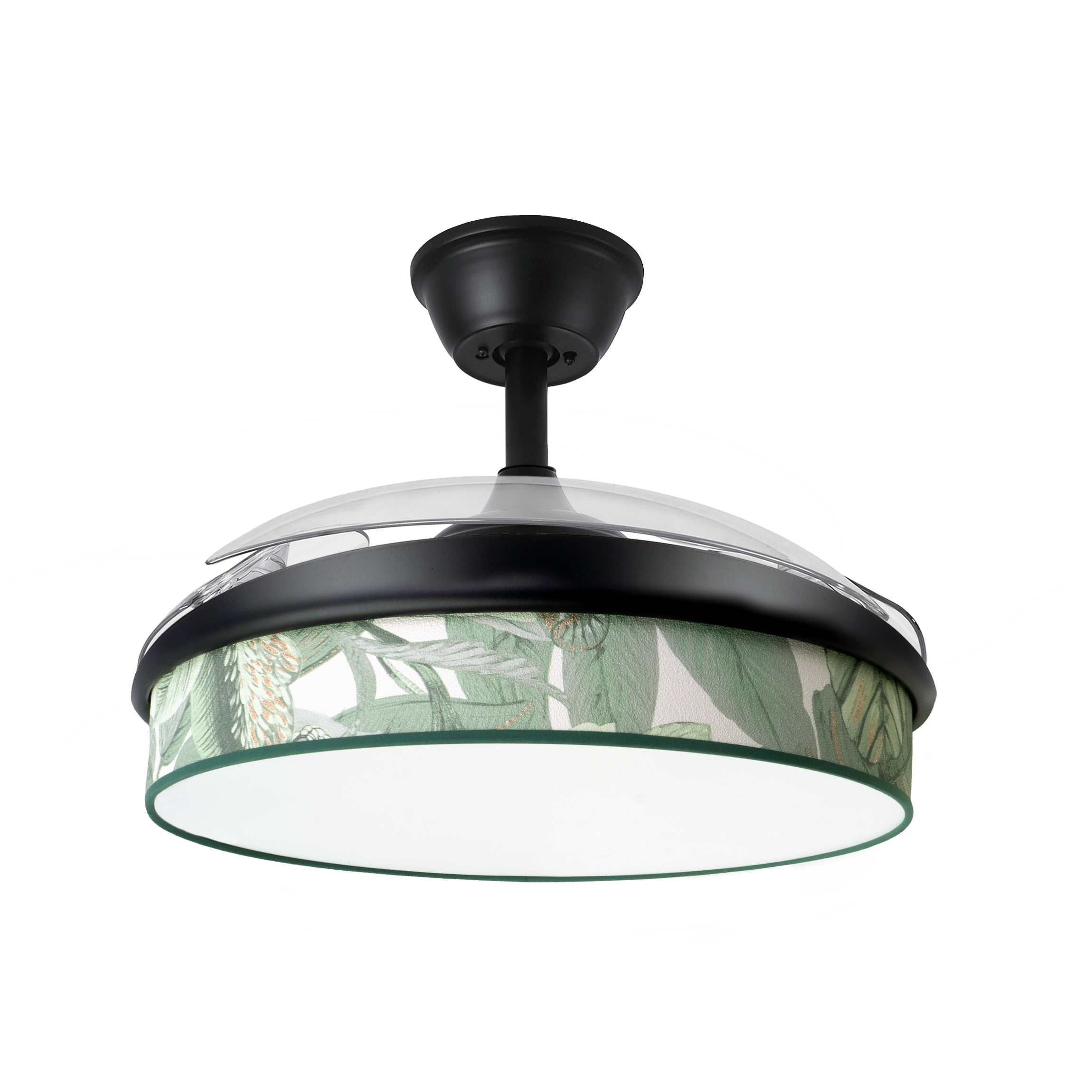`alt=Ventilador de techo moda 72W Negro/Verde de Abrila con motor DC y aspas retráctiles, ideal para interior doméstico, con iluminación LED selectable y ventilación para todo el año`
