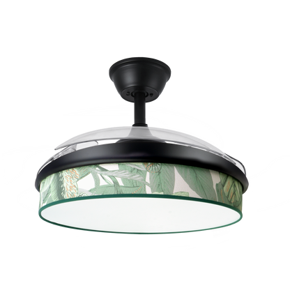 `alt=Ventilador de techo moda 72W Negro/Verde de Abrila con motor DC y aspas retráctiles, ideal para interior doméstico, con iluminación LED selectable y ventilación para todo el año`