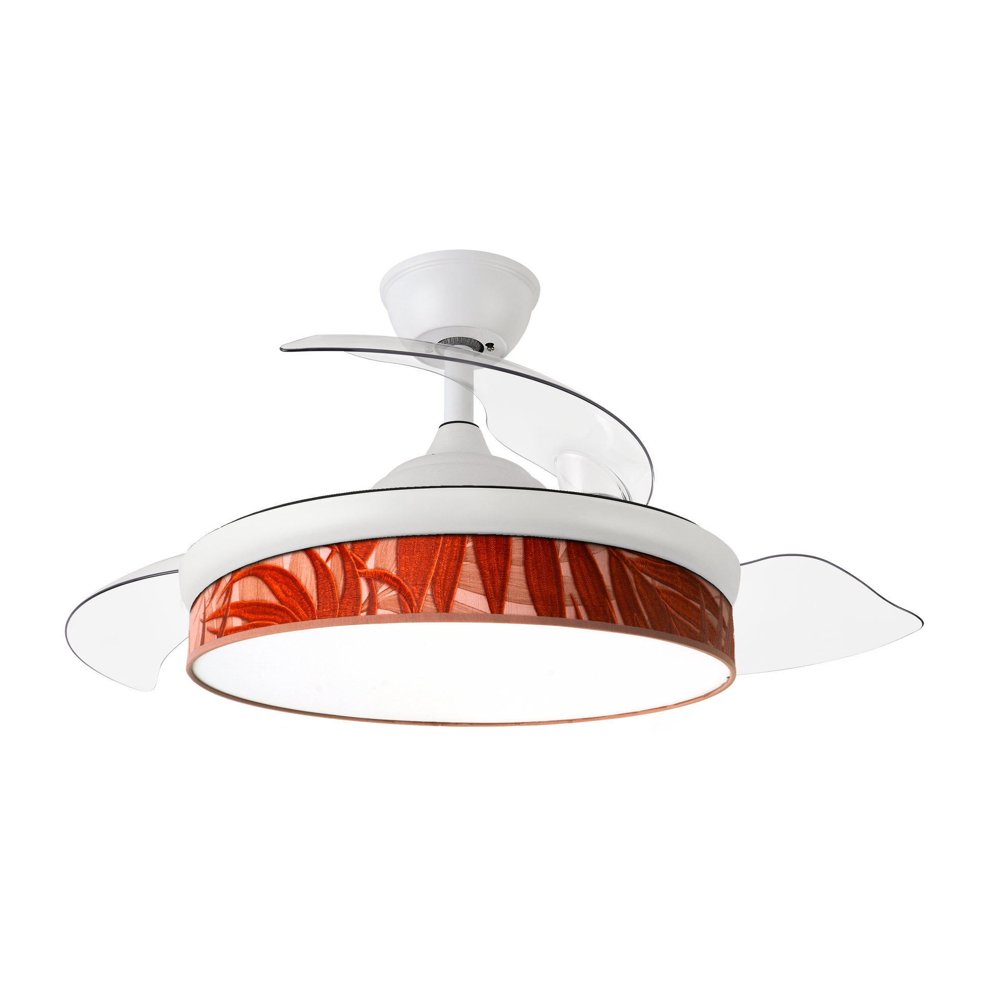 Ventilador de techo moderno y multifuncional de la marca Abrila, modelo AI2, en color blanco. Diseñado con motor DC eficiente y aspas retráctiles para un rendimiento óptimo. Incluye iluminación LED integrada, perfecto para uso interior durante todo el año, tanto en verano como en invierno. Ideal para espacios contemporáneos que buscan estilo y funcionalidad.