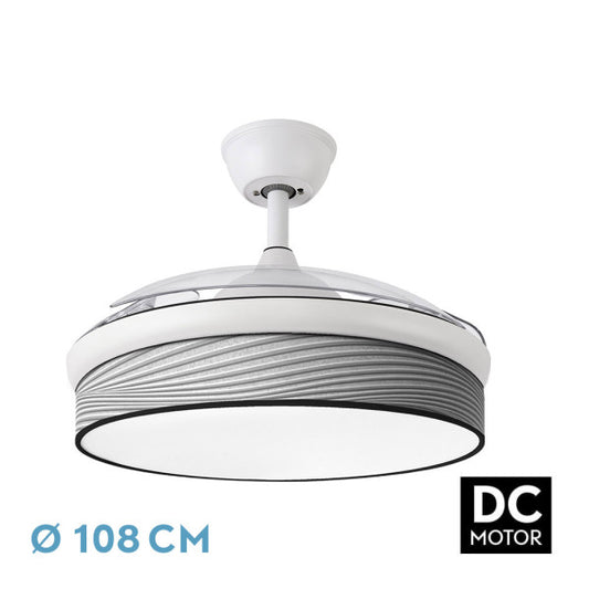 Ventilador de techo DC Moda 72W con aspas retráctiles, en color blanco y gris, ideal para iluminación LED integrado y ventilación eficiente durante todo el año.