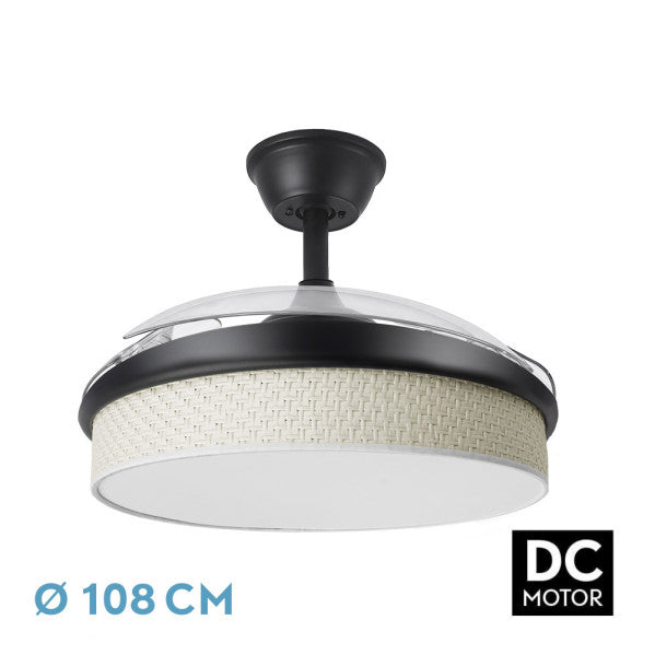 Ventilador de techo negro 108cm DC con aspas retráctiles y luz LED integrada de la marca Abrila para interiores. Motor DC eficiente de 72W con cañizo blanco brillante y diseño moderno. Ideal para iluminación y ventilación de espacios domésticos.