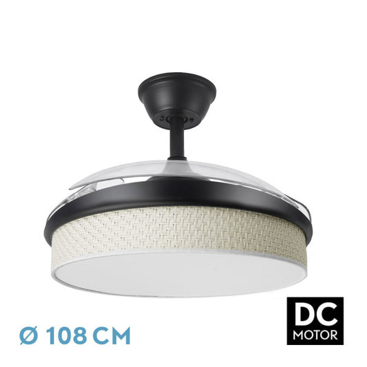 Ventilador de techo negro 108cm DC con aspas retráctiles y luz LED integrada de la marca Abrila para interiores. Motor DC eficiente de 72W con cañizo blanco brillante y diseño moderno. Ideal para iluminación y ventilación de espacios domésticos.