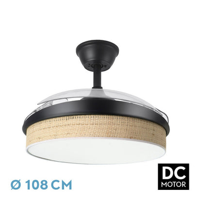 Ventilador DC Moda 72W Negro/Cañizo Claro de Abrila, Modelo 212490609, diseñado para uso interior doméstico. Este ventilador de techo cuenta con motor DC eficiente, aspas retráctiles y cañizo en color claro. Incluye iluminación ajustable con LED integrado, ideales para la ventilación en verano e invierno. Disponible en color negro.