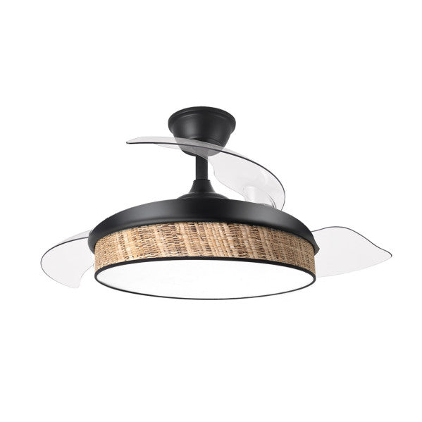 `alt=Ventilador techo DC Moda 72W Abrila negro y cañizo con LEDs y aspas retráctiles | 212490709`