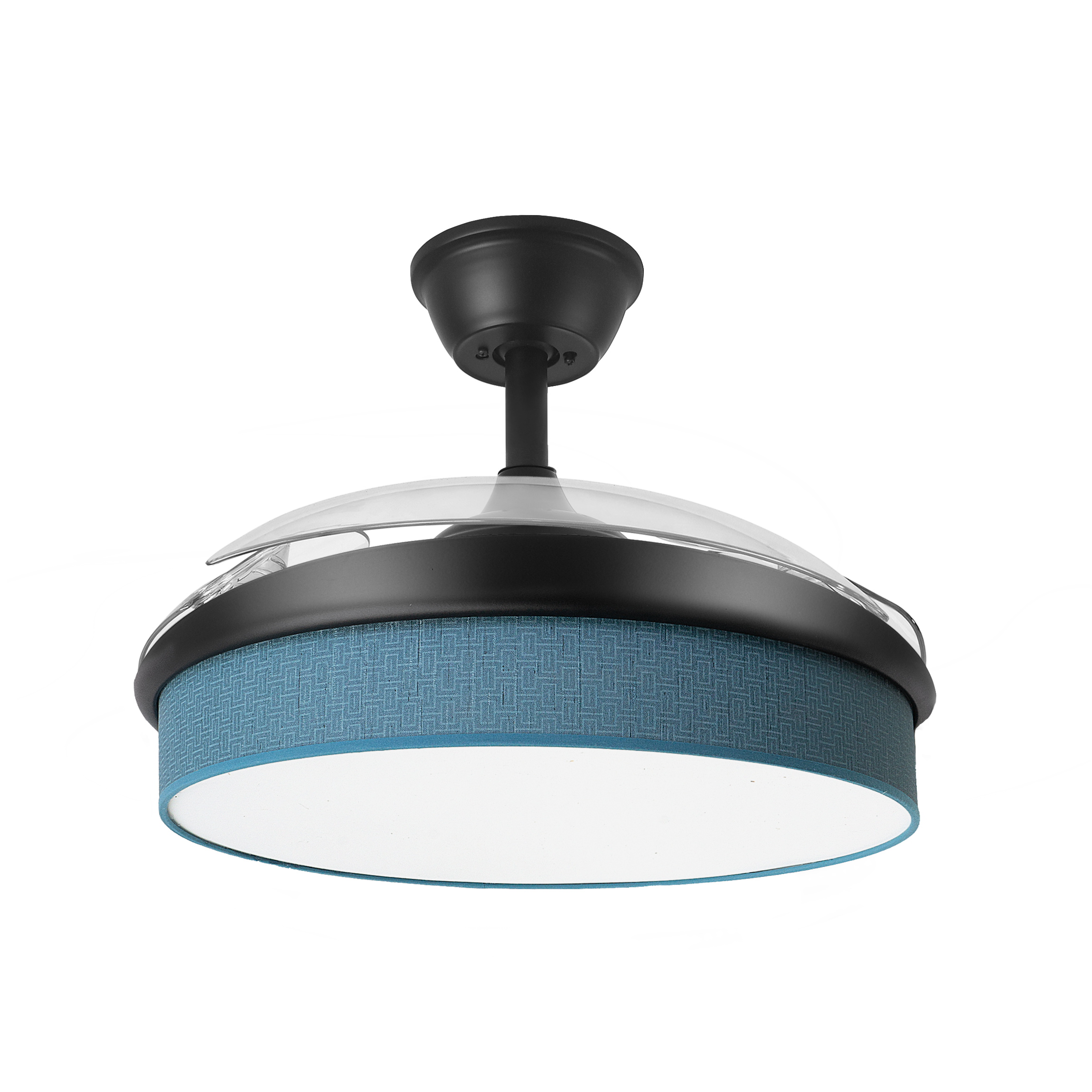 alt=Ventilador de techo DC Moda negro y azul con ahorro de energía de Abirla, modelo 212490809, con motor DC, aspas retráctiles y LED integrado