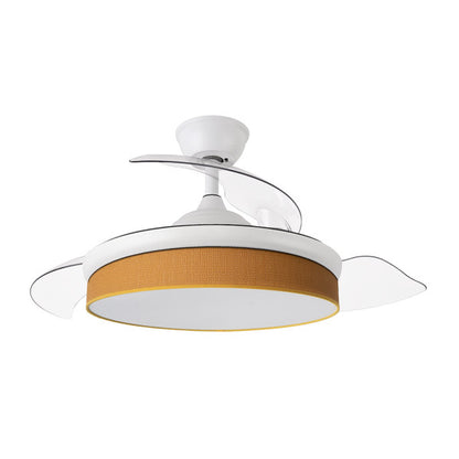 ```Ventilador de techo LED de moda con motor DC y aspas retráctiles en color blanco/naranja, de la marca Abrila. Ideal para iluminación de interiores domésticos durante todas las estaciones, brinda confort con su ventilación reversible y un LED integrado que ofrece 7200 lúmenes.

Producto optimizado para interiores de hogar durante verano e invierno.

```

Los elementos se agruparon y se omitieron el número de catálogo, y la etiqueta ai2, por inútil cuando se describe la imagen.